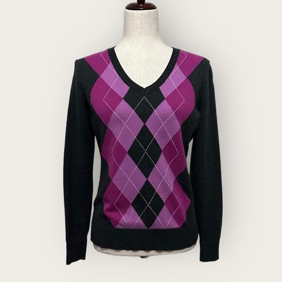 EUC | IZOD | Check V-Neck Sweater | Black/Pink | Small - Picture 1 of 12